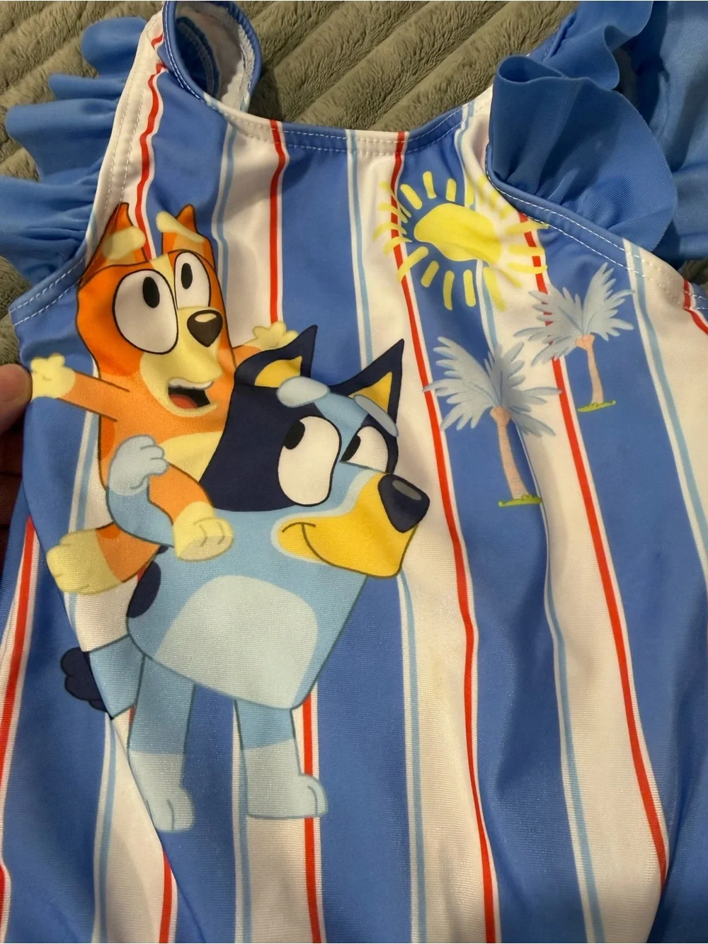 Girls Blue Striped One-Piece Swimsuit with Cartoon Friends